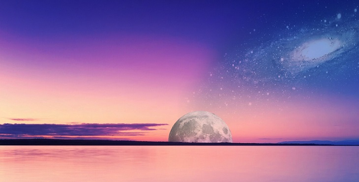 Image of a captivating moon with pale sunset colors and the galaxy in the background. Light Wave Archive #22