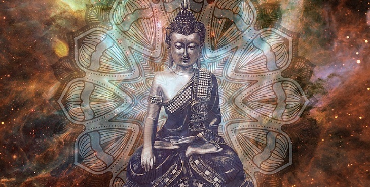 Image of a noble Buddha sitting in the middle of the cosmos. The Ascensions of the Seven Buddhas
