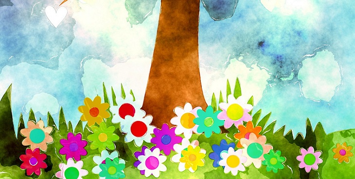 Image of multicolored flowers growing around a tree trunk. Yogananda Tales of the Heart #9