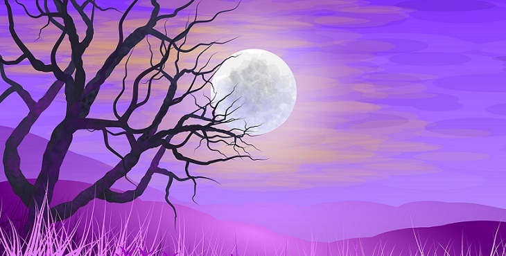 Image of the full moon shining over a quiet lavender landscape. Tao Report for Lore Fables