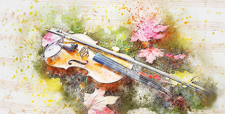 Image of an exquisite violin lying on grass and leaves. Shaktar Relationship Studies #13