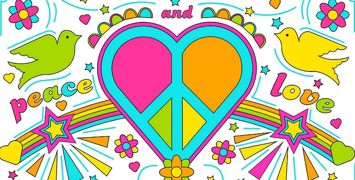 Image of the peace sign with two doves in green and yellow along with a rainbow background of stars. Shaktar Relationship Studies #14