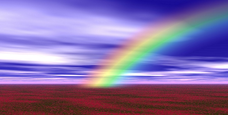 Image of a brilliant rainbow over a field of red flowers and violet sky. The Ancestral Perspective on Forgiveness