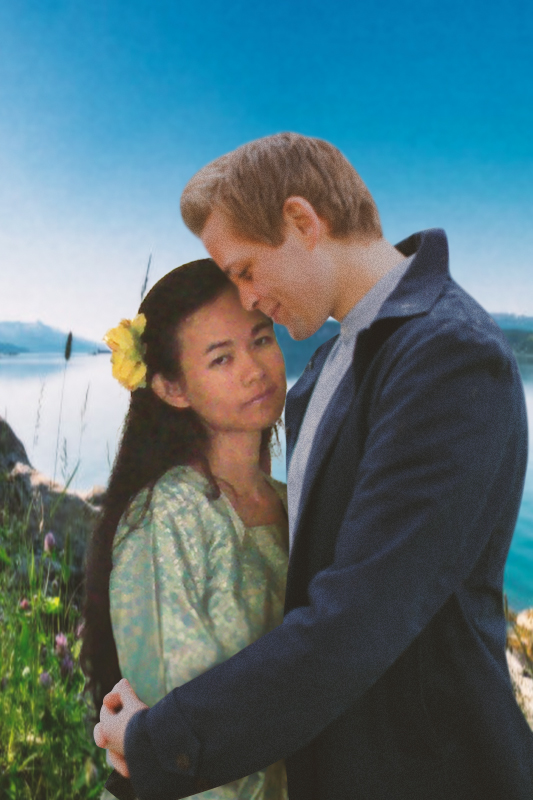 Image of Asur'Ana and Per with the tranquil Alta River in Norway as the background. Asur'Ana is wearing a yellow hibiscus flower as a hair ornament and with gold-green shirt-pants suit. Per is wearing a light blue shirt underneath a navy blue jacket.